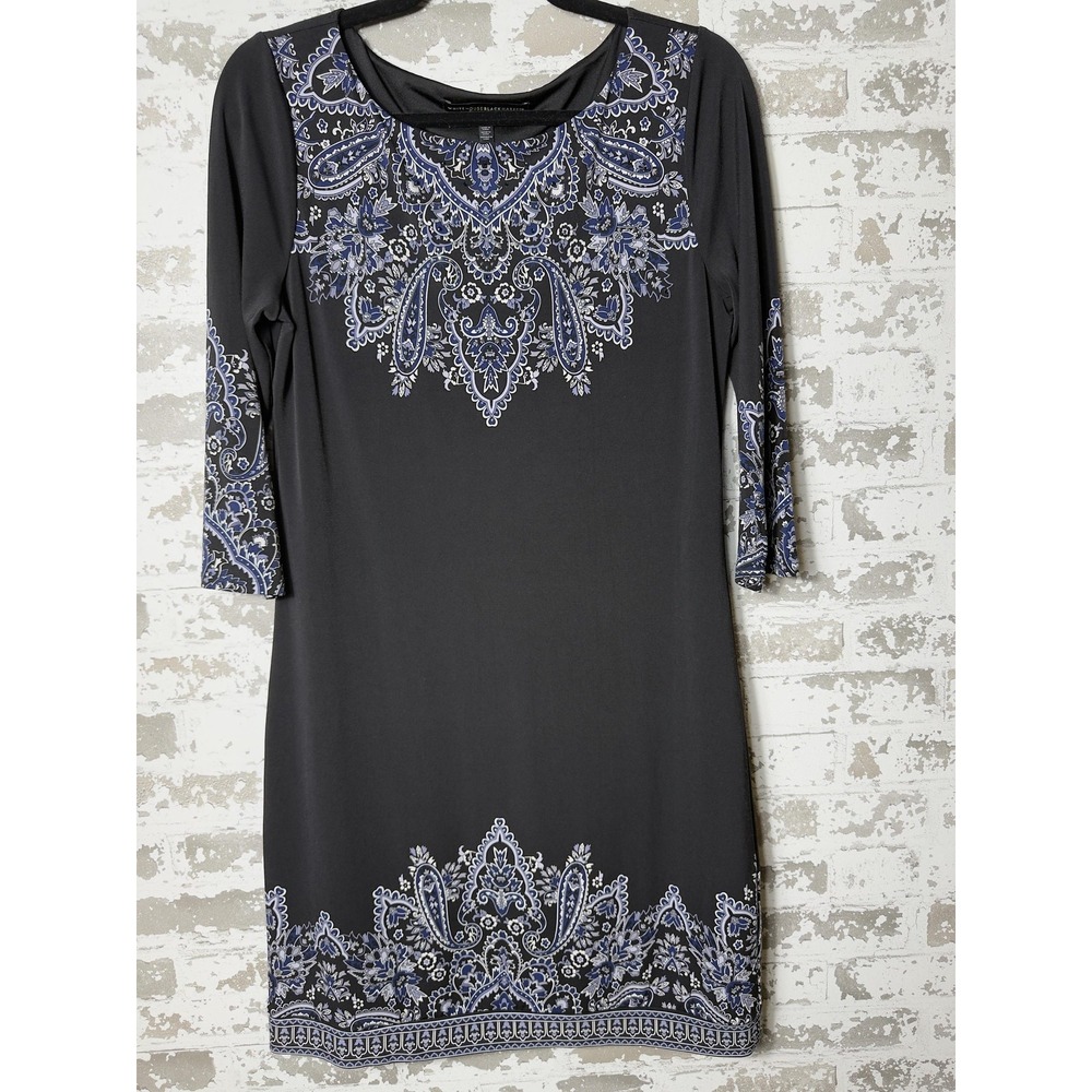 White House Black Market Dress Womens Small Black Blue Paisley Sheath 3/4 Sleeve
